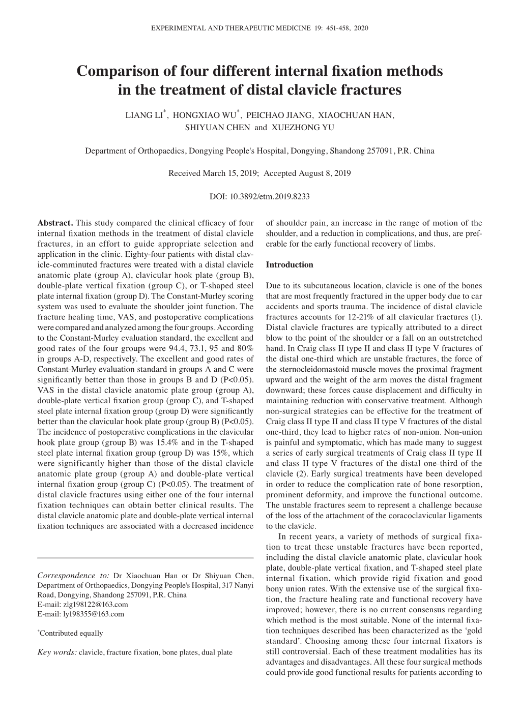 Comparison of Four Different Internal Fixation Methods in the Treatment of Distal Clavicle Fractures