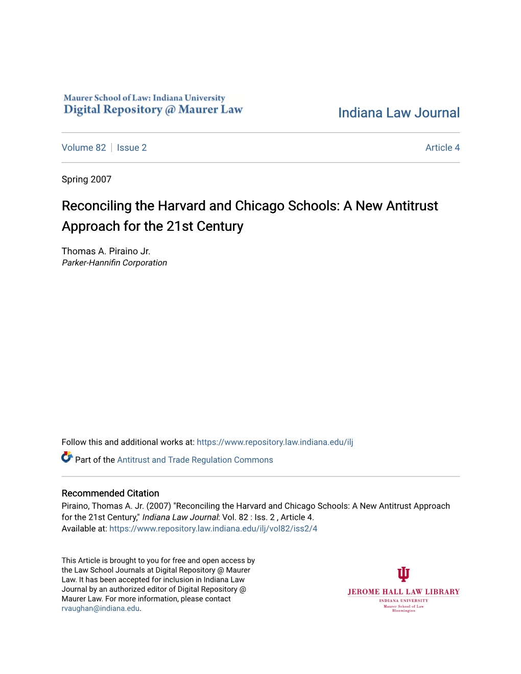 Reconciling the Harvard and Chicago Schools: a New Antitrust Approach for the 21St Century