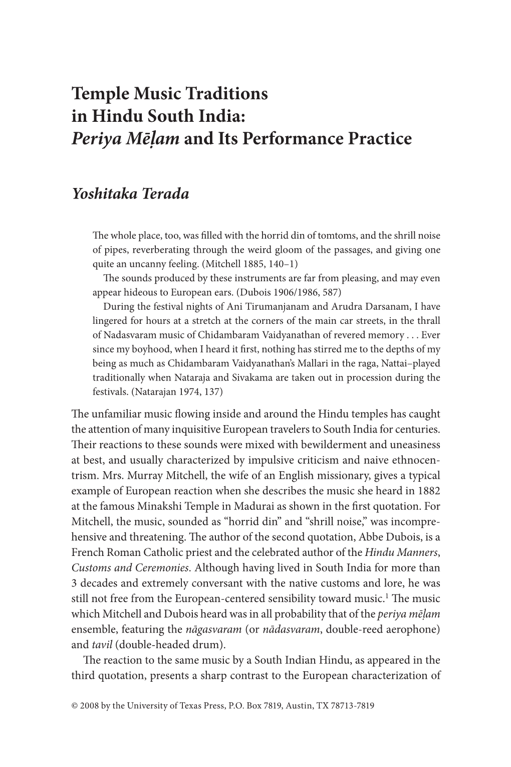 Temple Music Traditions in Hindu South India: Periya Mēḷam and Its Performance Practice