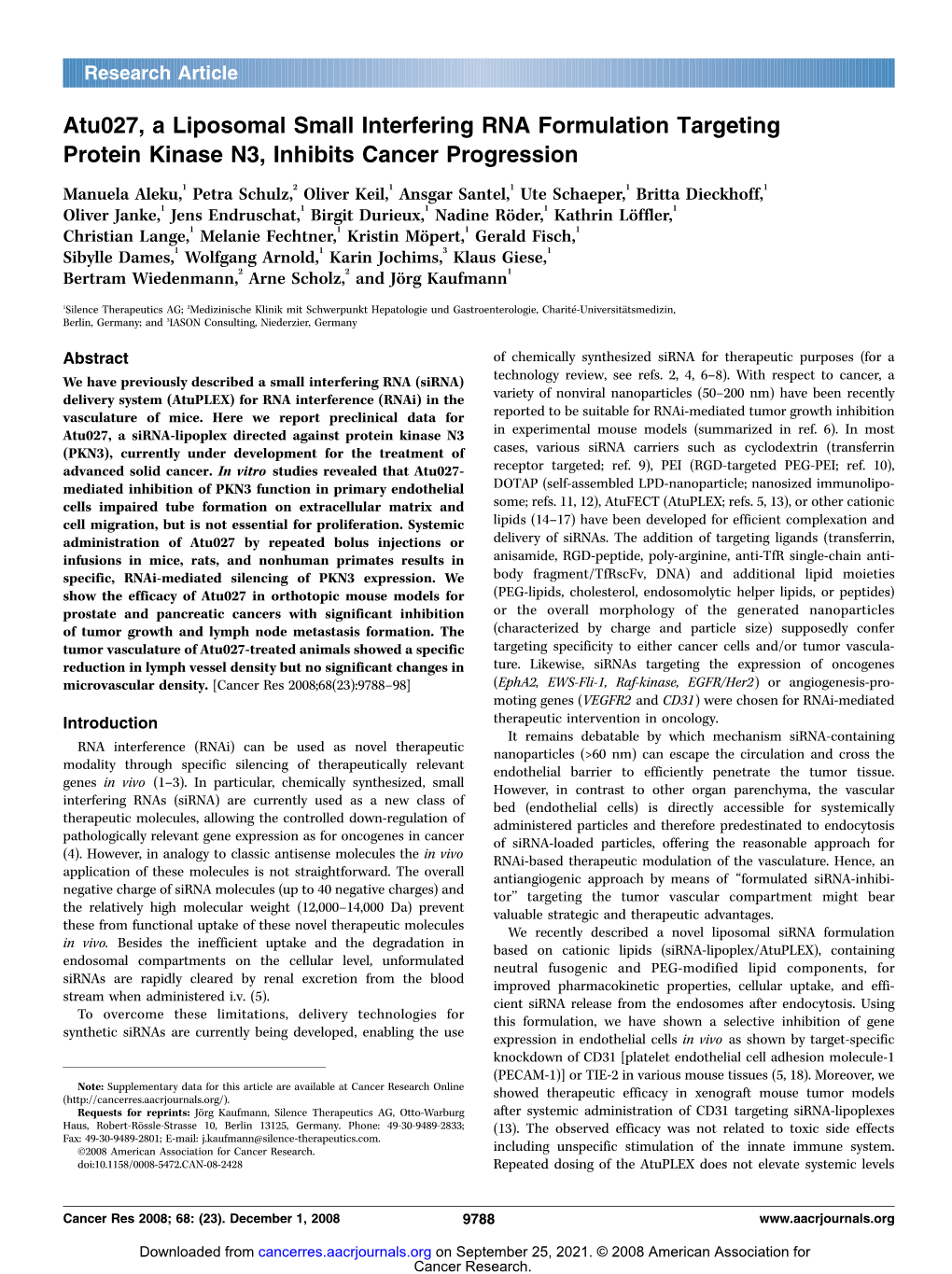 Atu027, a Liposomal Small Interfering RNA Formulation Targeting Protein Kinase N3, Inhibits Cancer Progression