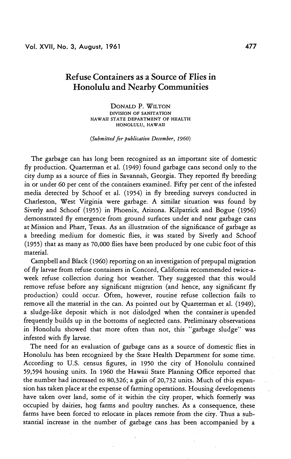 Refuse Containers As a Source of Flies in Honolulu and Nearby Communities