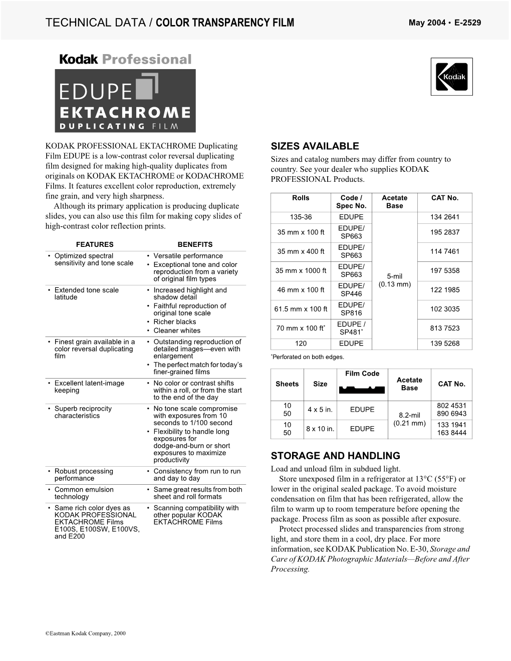 Download the Technical Data for Kodak Professional