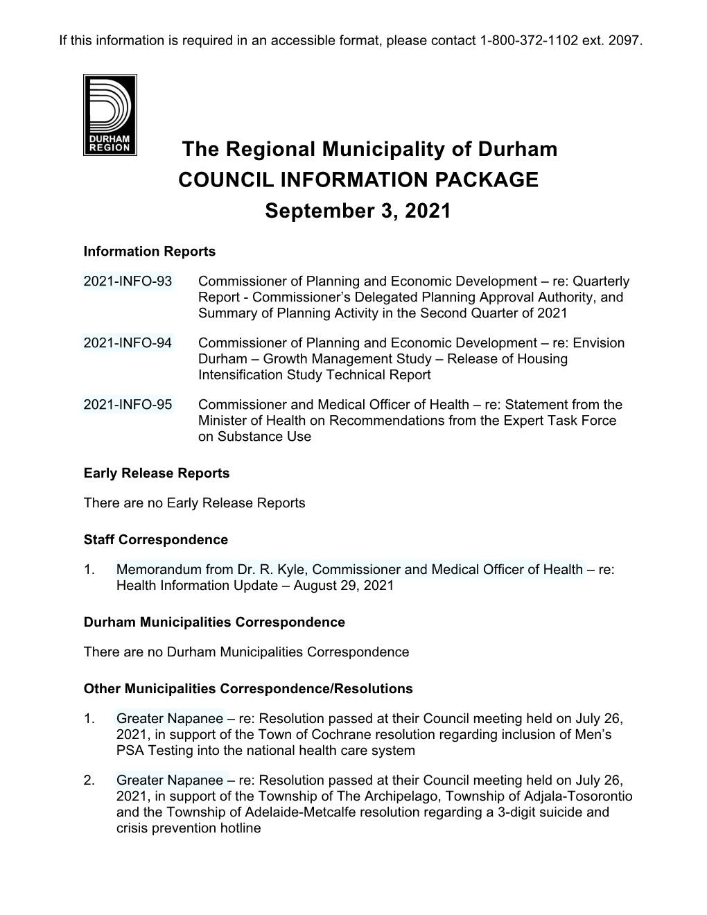 COUNCIL INFORMATION PACKAGE September 3, 2021