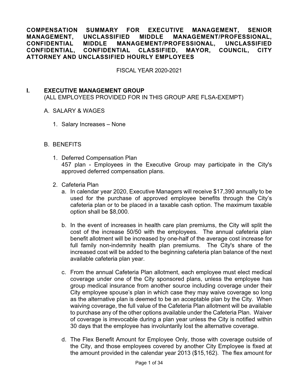 Unrepresented Compensation Summary FY 2020-21