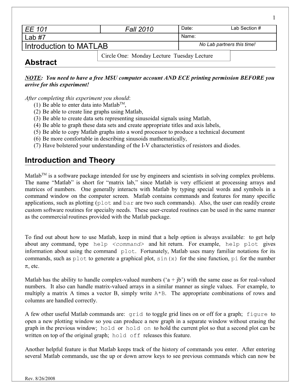 EE 101 Lab 6 Matlab Intro