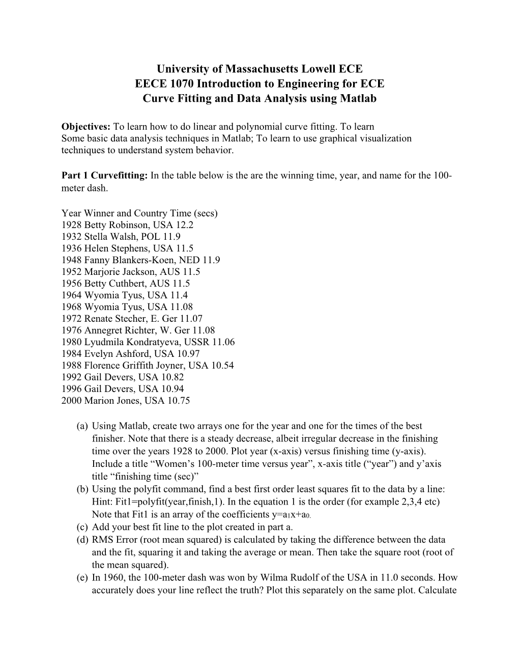 EECE 1070 Curve Fitting and Data Analysis