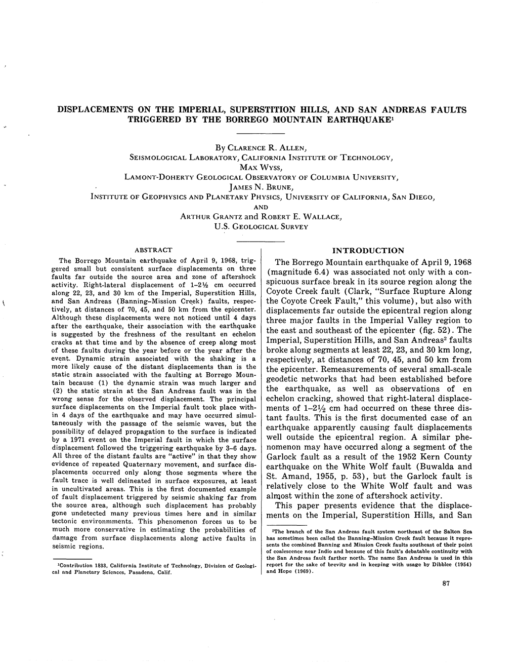 Displacements on the Imperial, Superstition Hills, and San Andreas Faults Triggered by the Borrego Mountain Earthquake1