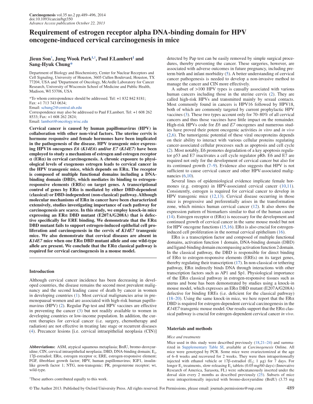 Requirement of Estrogen Receptor Alpha DNA-Binding Domain for HPV Oncogene-Induced Cervical Carcinogenesis in Mice