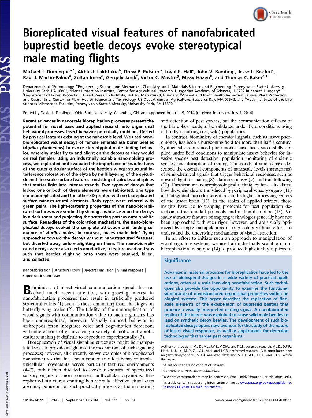 Bioreplicated Visual Features of Nanofabricated Buprestid Beetle Decoys Evoke Stereotypical Male Mating Flights