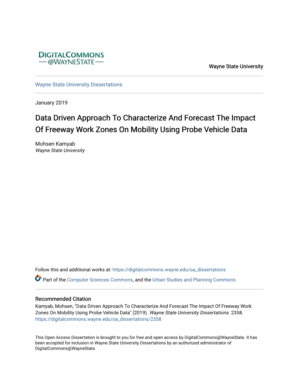 Data Driven Approach to Characterize and Forecast the Impact of Freeway Work Zones on Mobility Using Probe Vehicle Data