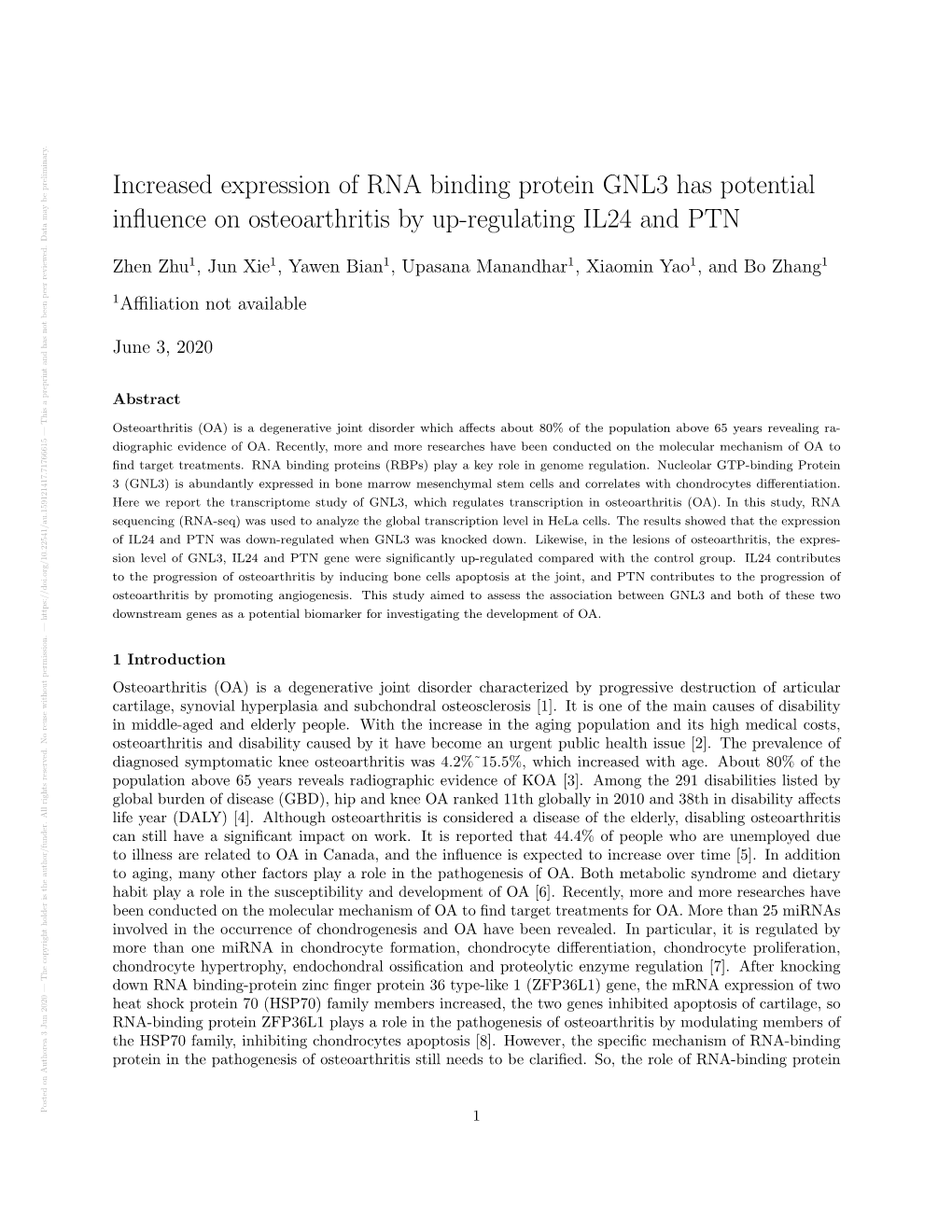 Increased Expression of RNA Binding Protein GNL3 Has Potential