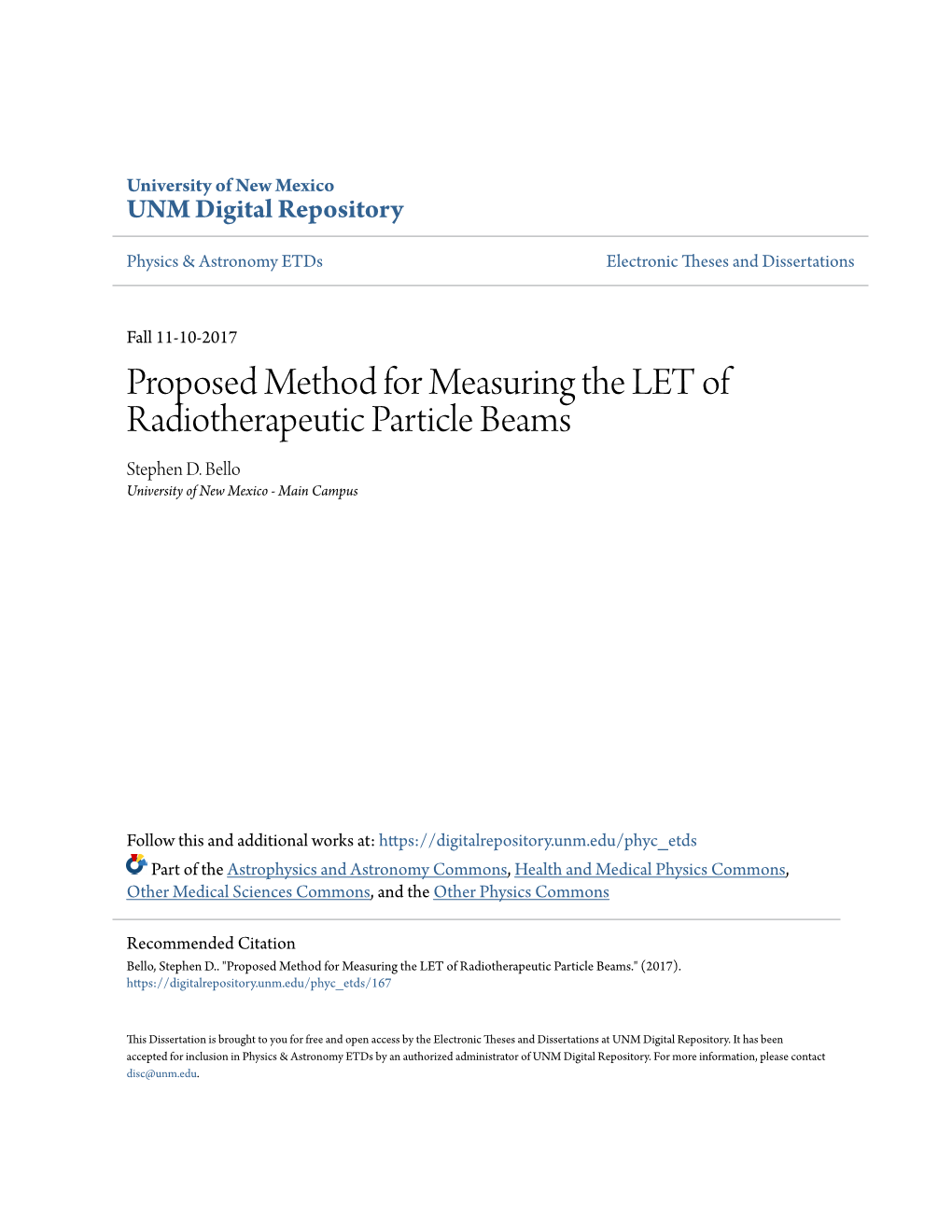 Proposed Method for Measuring the LET of Radiotherapeutic Particle Beams Stephen D