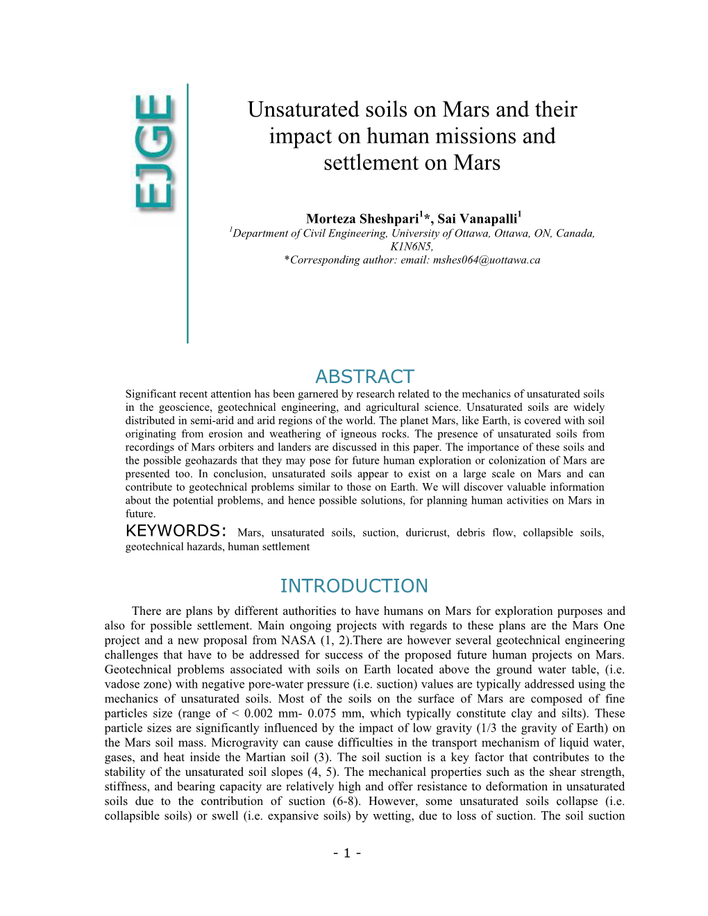 Unsaturated Soils on Mars and Their Impact on Human Missions and Settlement on Mars