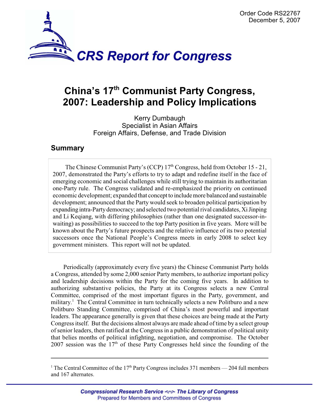 China's 17Th Communist Party Congress, 2007: Leadership And