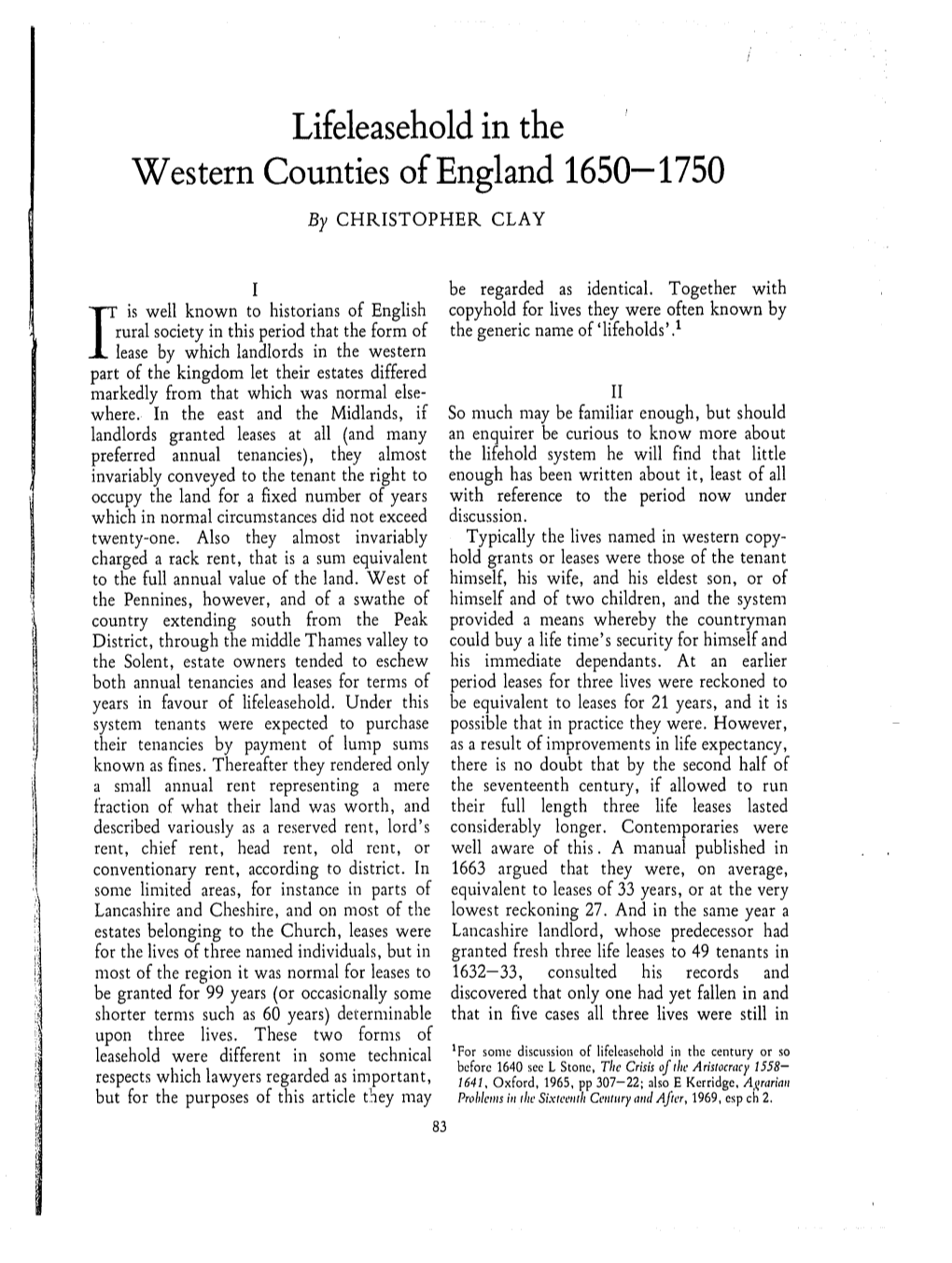 Lifeleasehold in the Western Counties of England 1650-1750