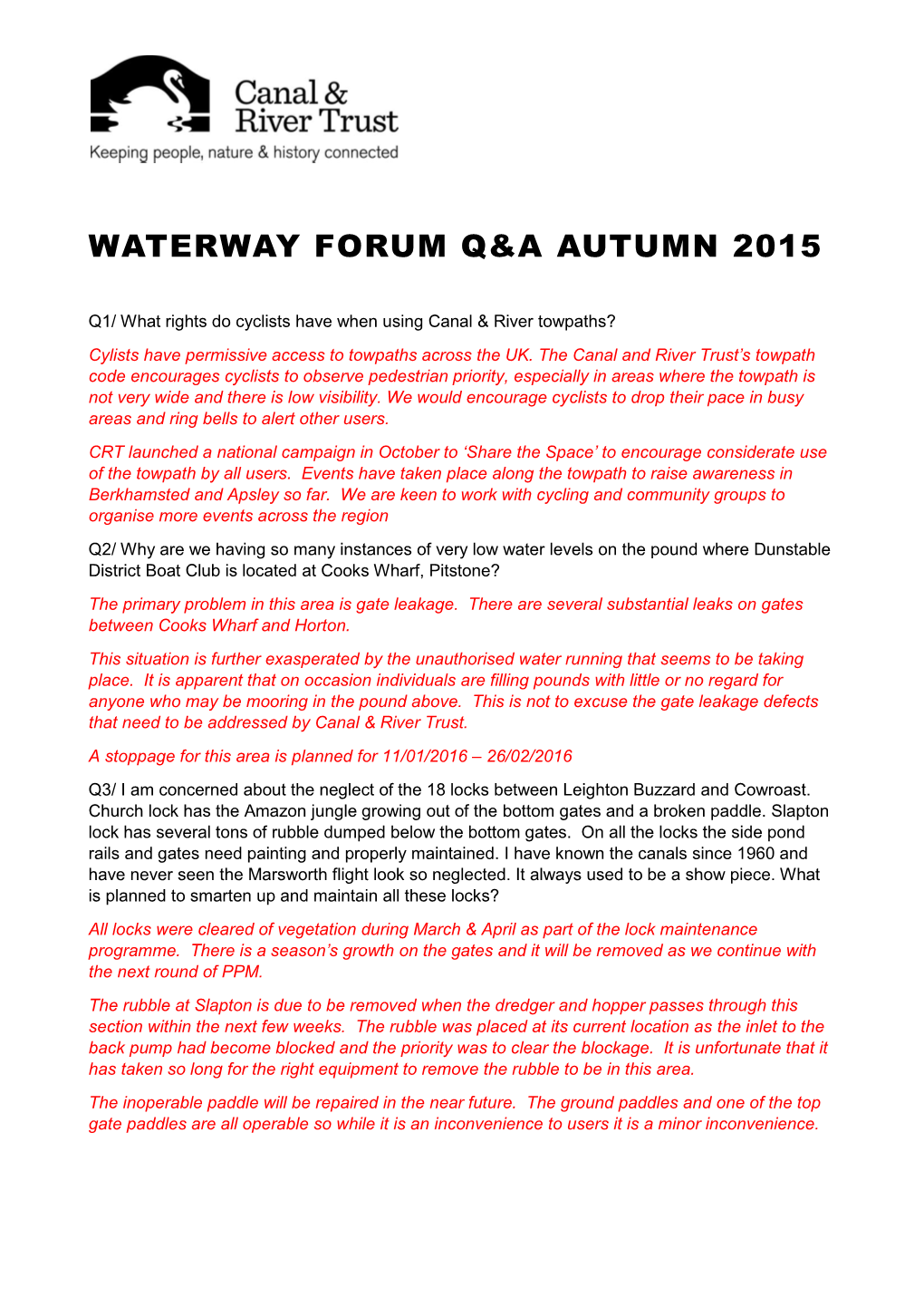 Waterway Forum Q&A Autumn 2015