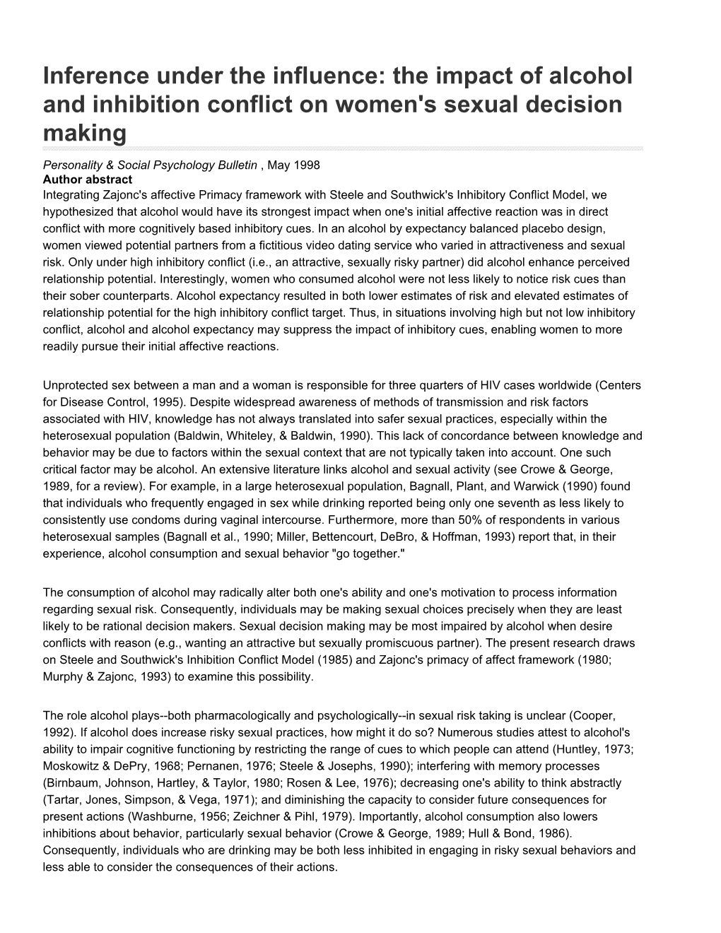 Inference Under the Influence: the Impact of Alcohol and Inhibition Conflict on Women's Sexual Decision Making