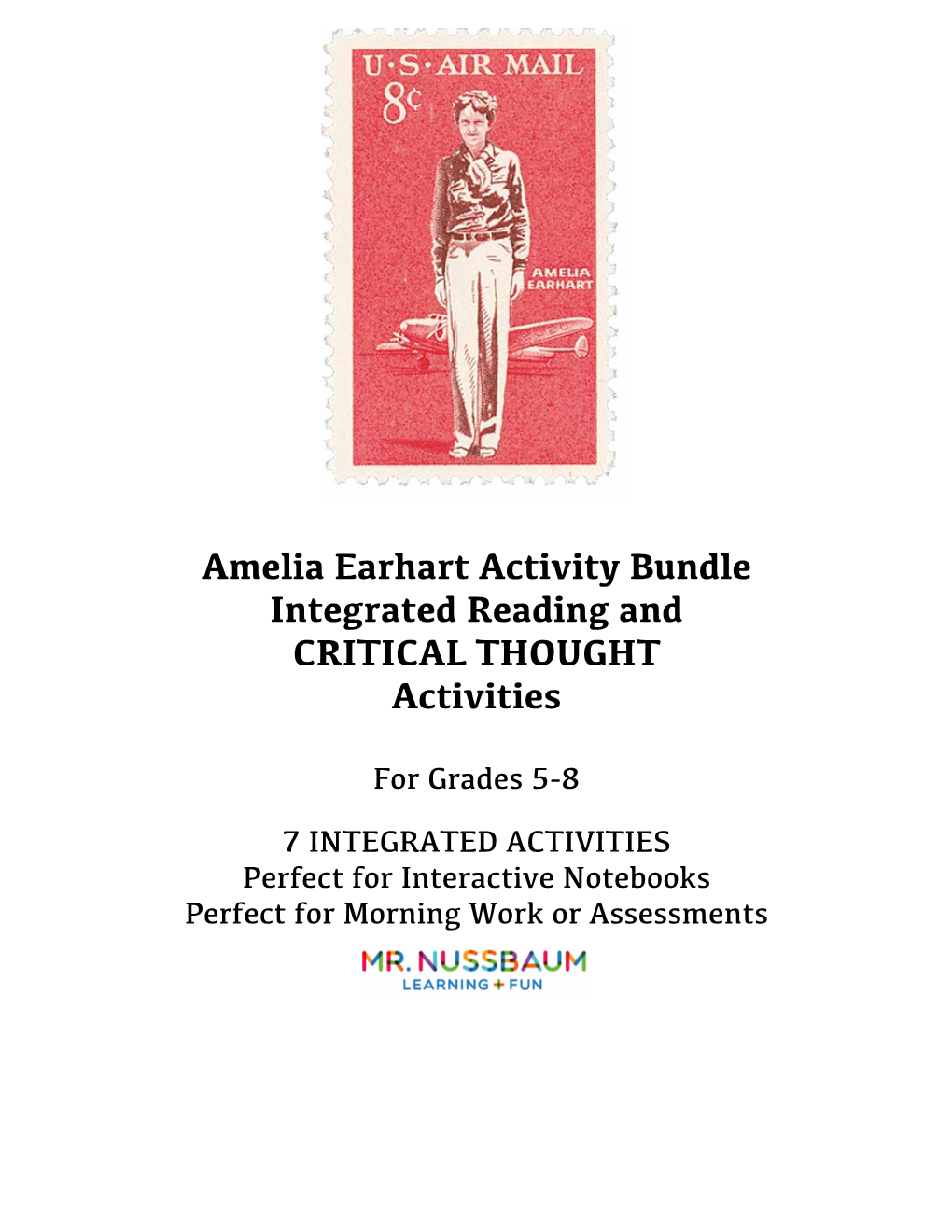 Amelia Earhart Activity Bundle Integrated Reading and CRITICAL THOUGHT Activities