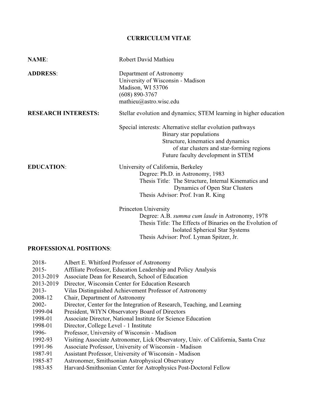 CURRICULUM VITAE NAME: Robert David Mathieu ADDRESS