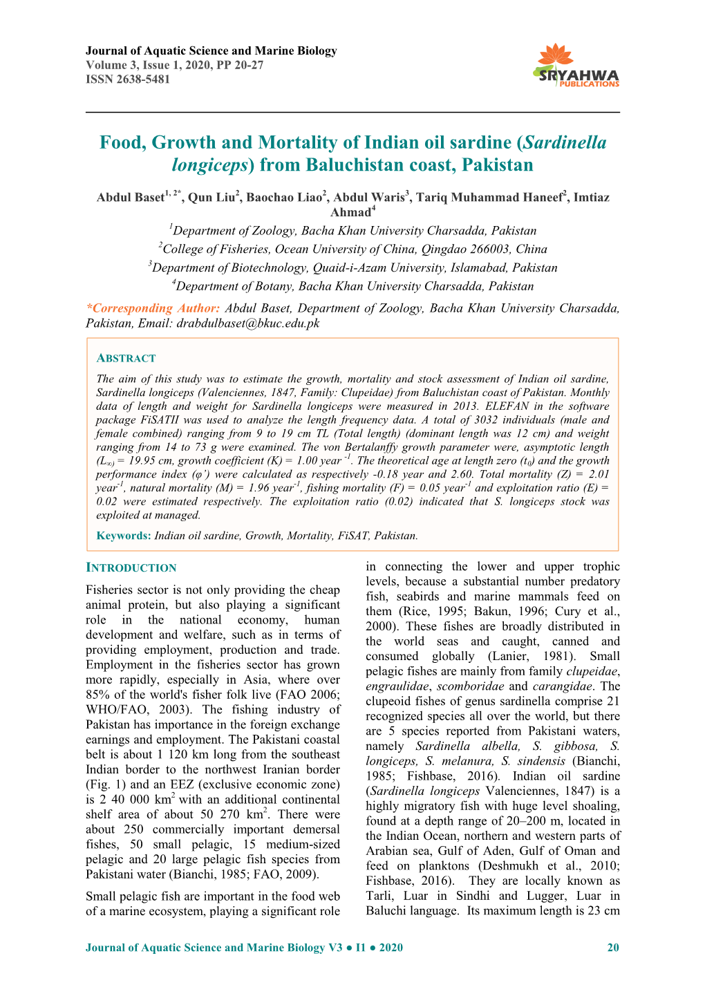 Food, Growth and Mortality of Indian Oil Sardine (Sardinella Longiceps) from Baluchistan Coast, Pakistan