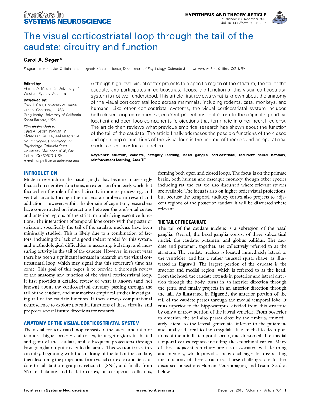 The Visual Corticostriatal Loop Through the Tail of the Caudate: Circuitry and Function