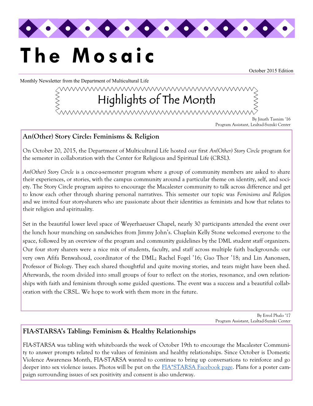 The Mosaic October 2015 Edition Monthly Newsletter from the Department of Multicultural Life