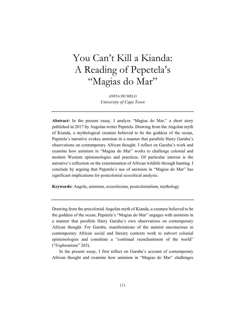 You Can't Kill a Kianda: a Reading of Pepetela's “Magias Do Mar”