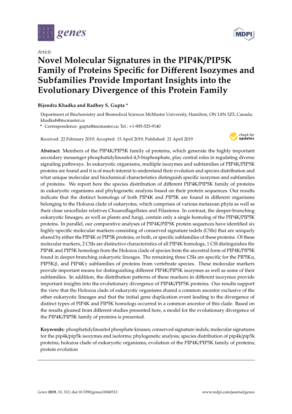 Novel Molecular Signatures in the PIP4K/PIP5K Family of Proteins Specific for Different Isozymes and Subfamilies Provide Importa