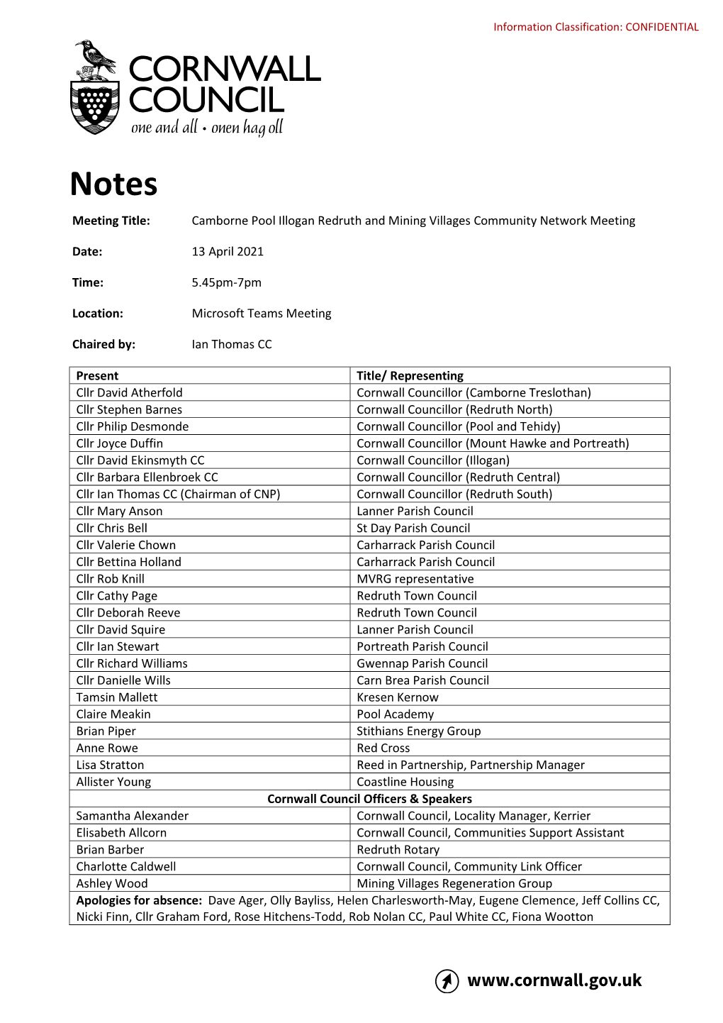 ACTION NOTES Camborne Pool Illogan Redruth and Mining Villages