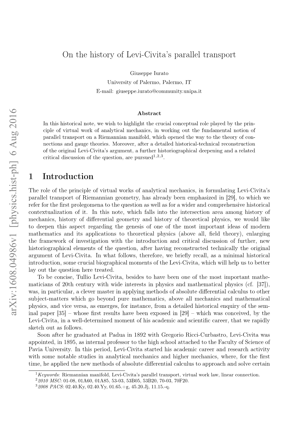 On the History of Levi-Civita's Parallel Transport