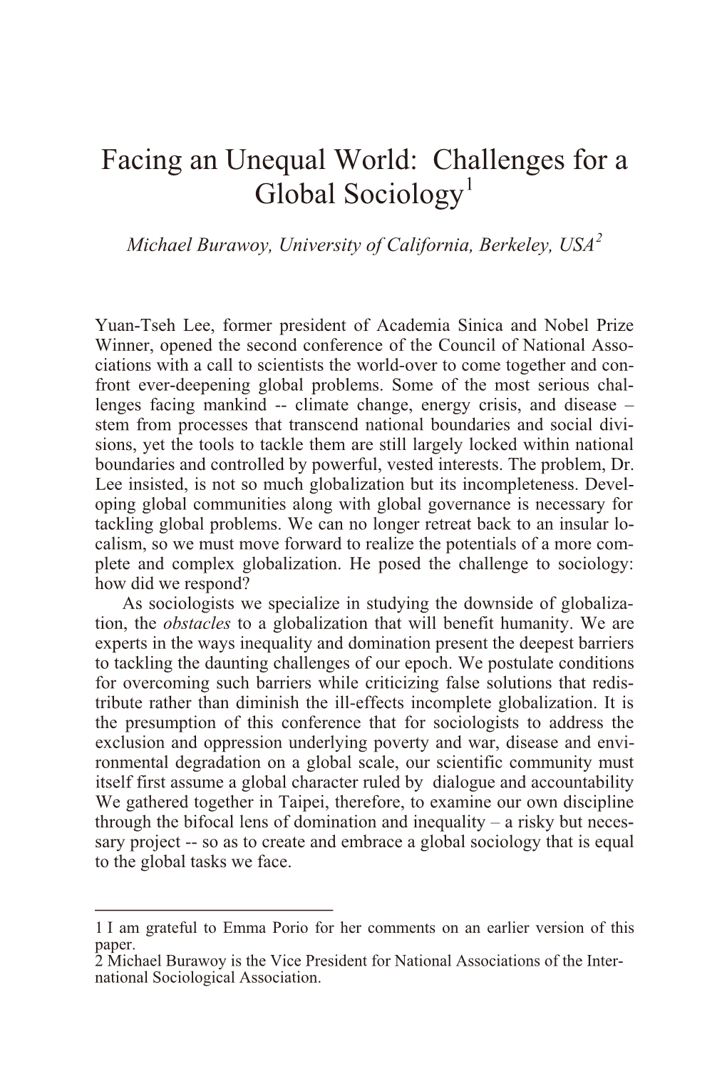 Facing an Unequal World: Challenges for a Global Sociology1