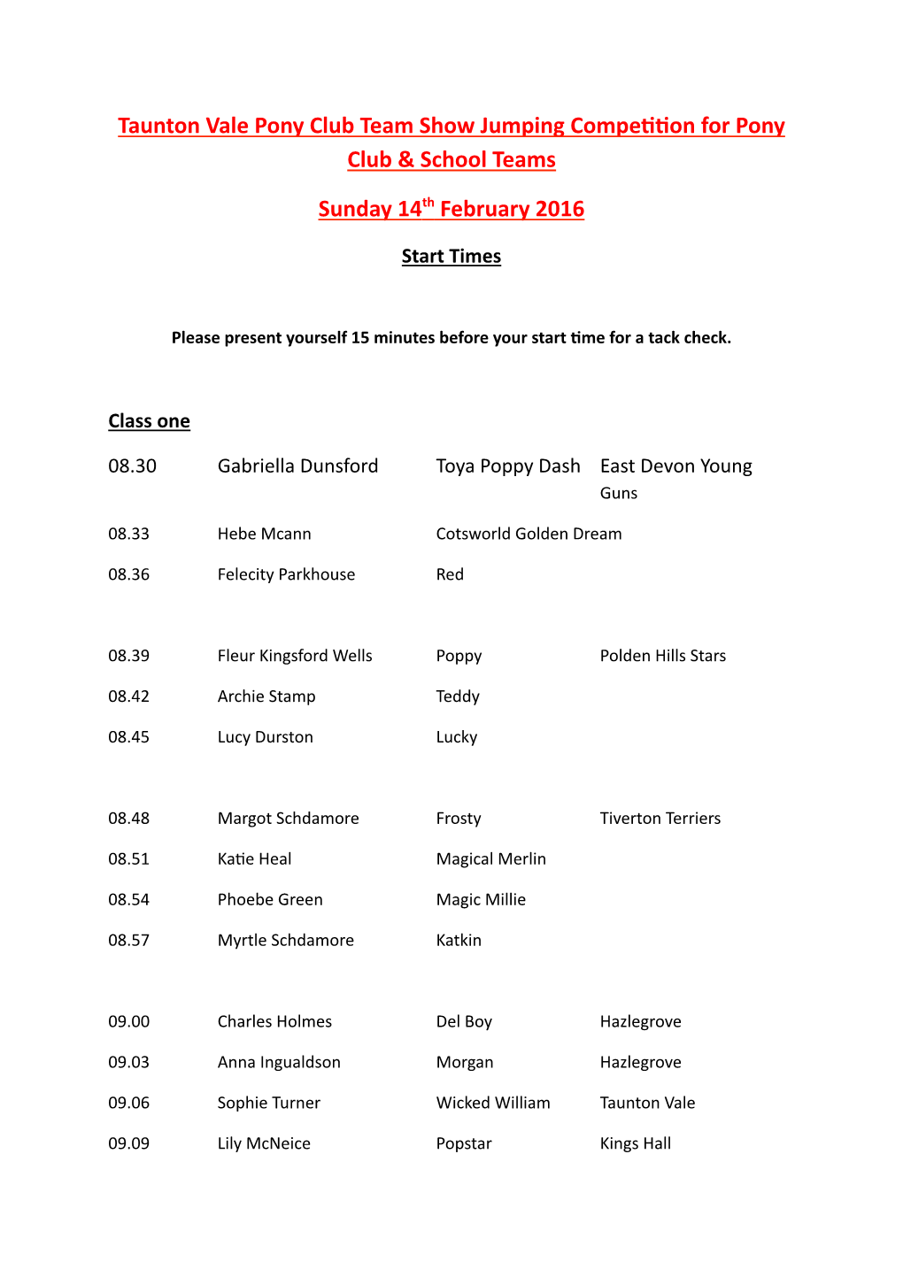 Taunton Vale Team Show Timings Feb 2015