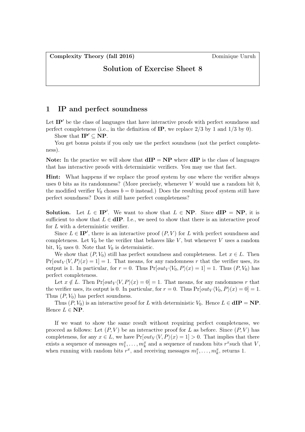 Solution of Exercise Sheet 8 1 IP and Perfect Soundness