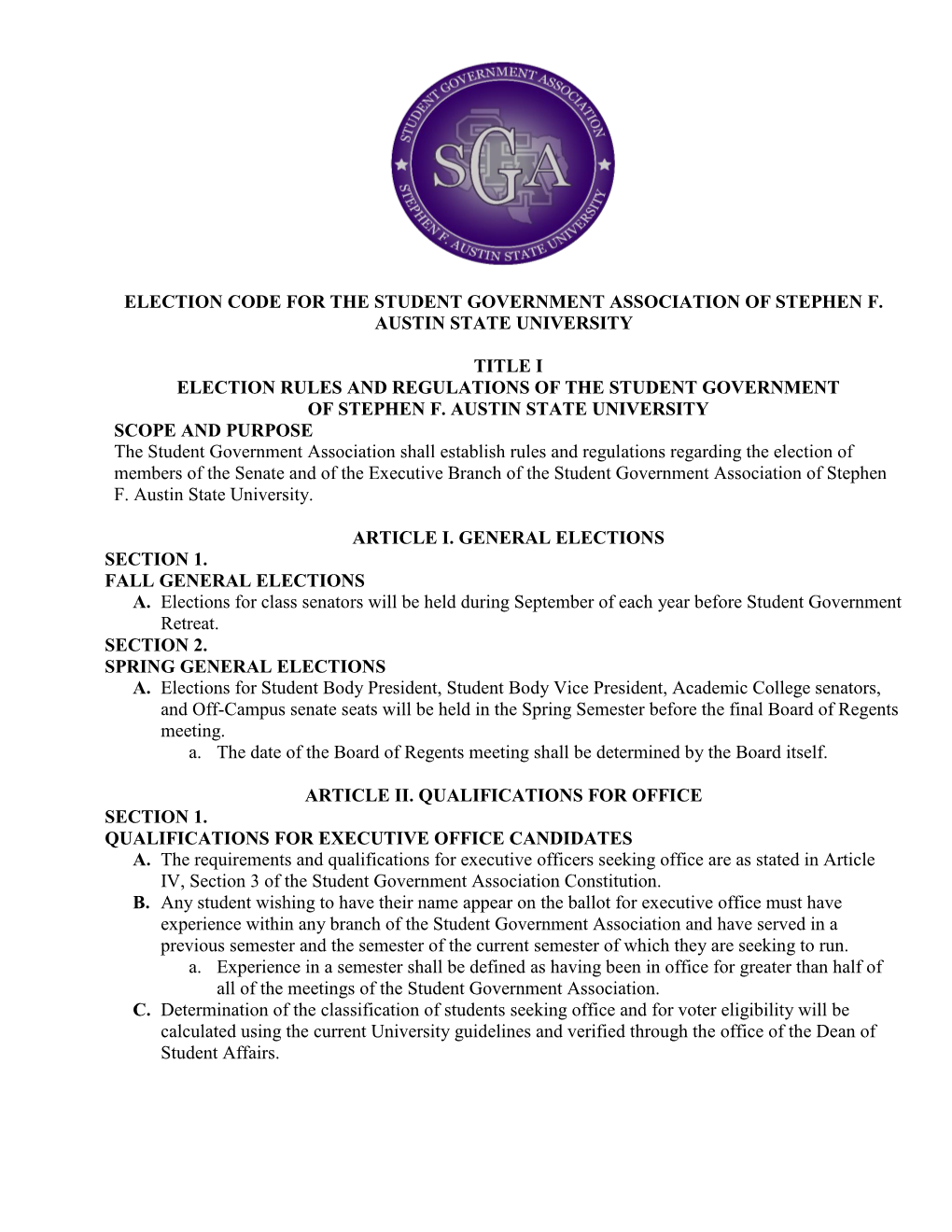 Election Code for the Student Government Association of Stephen F. Austin State University