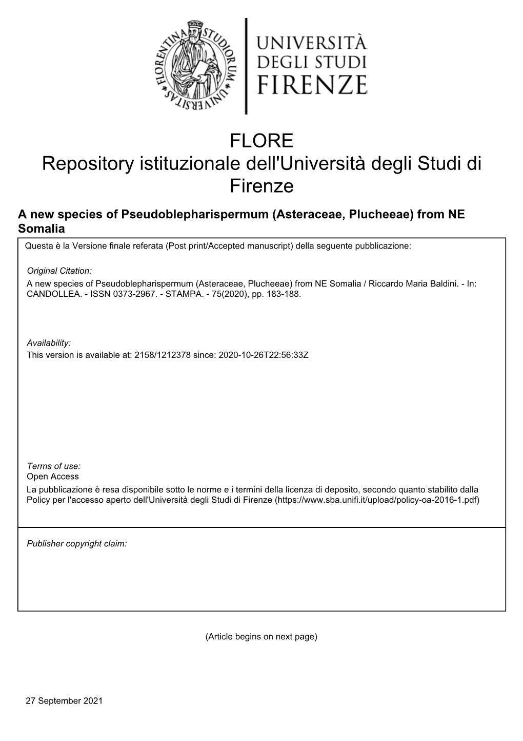 Asteraceae, Plucheeae) from NE Somalia Questa È La Versione Finale Referata (Post Print/Accepted Manuscript) Della Seguente Pubblicazione