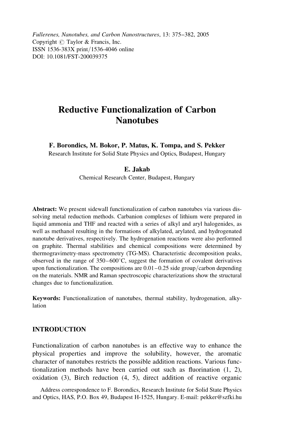 Reductive Functionalization of Carbon Nanotubes