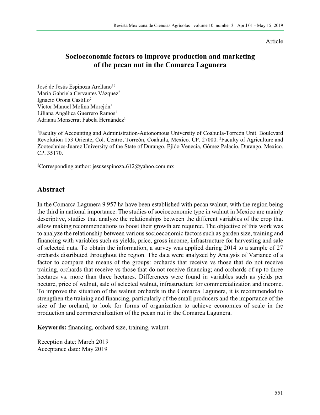 Socioeconomic Factors to Improve Production and Marketing of the Pecan Nut in the Comarca Lagunera