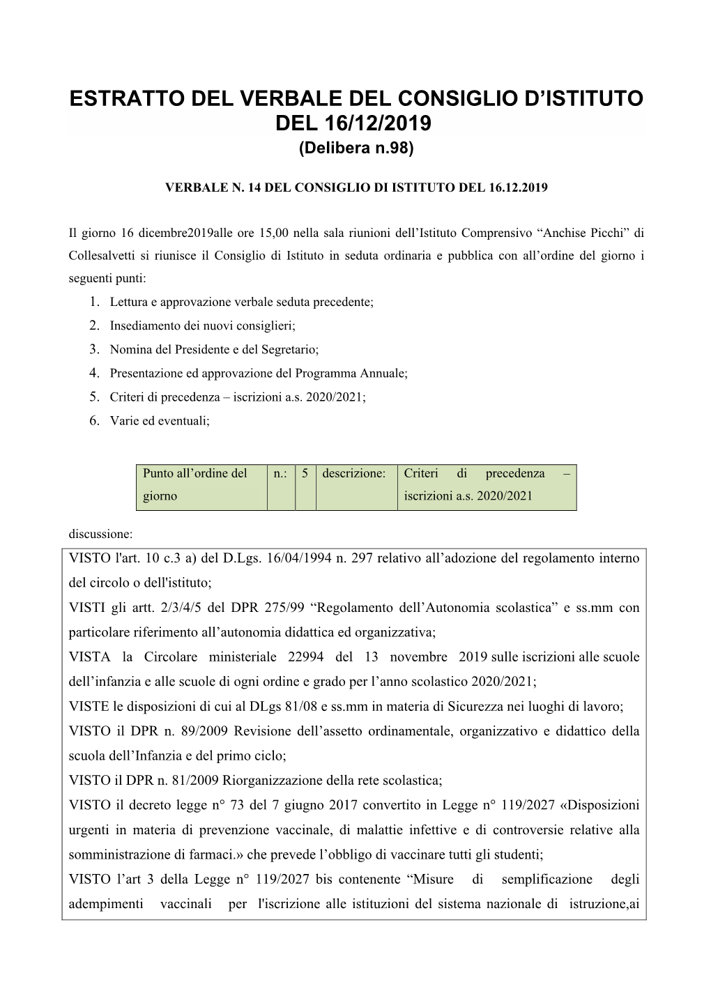 Estratto Del Verbale Del Consiglio D'istituto Del 16/12