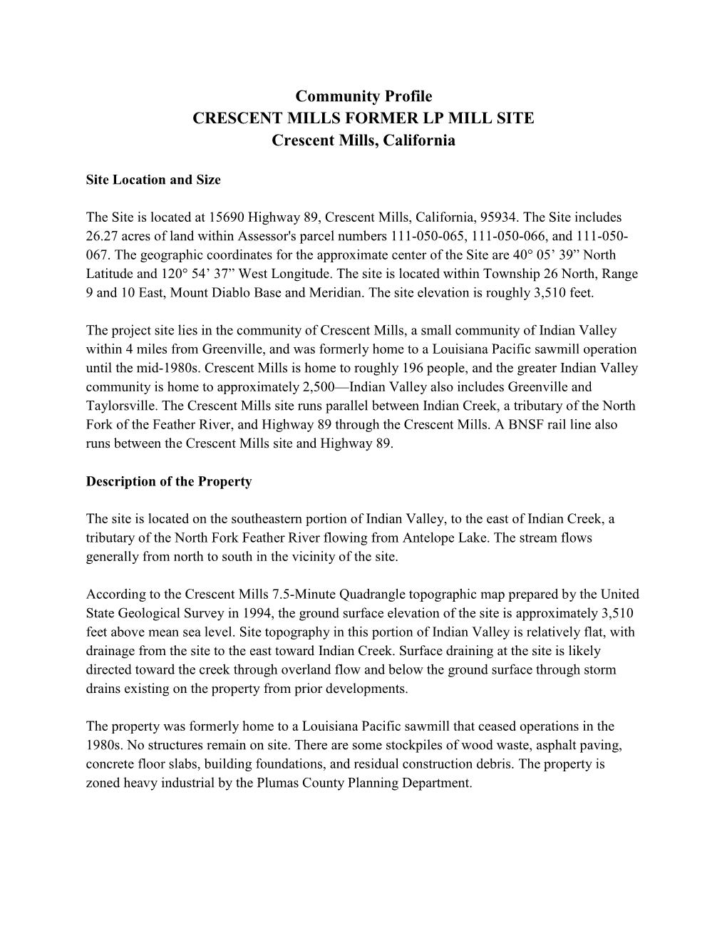 Community Profile CRESCENT MILLS FORMER LP MILL SITE Crescent Mills, California