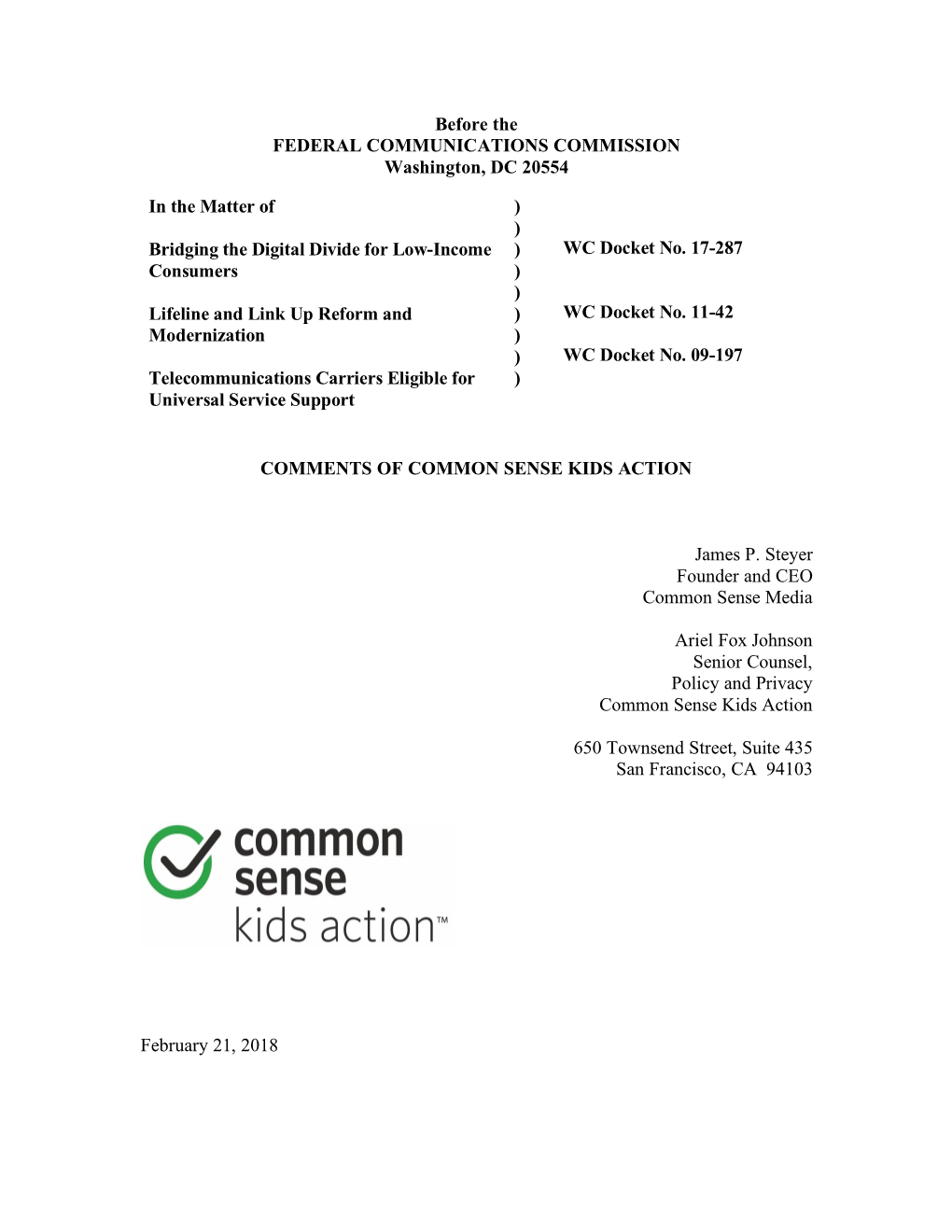 Before the FEDERAL COMMUNICATIONS COMMISSION Washington, DC 20554