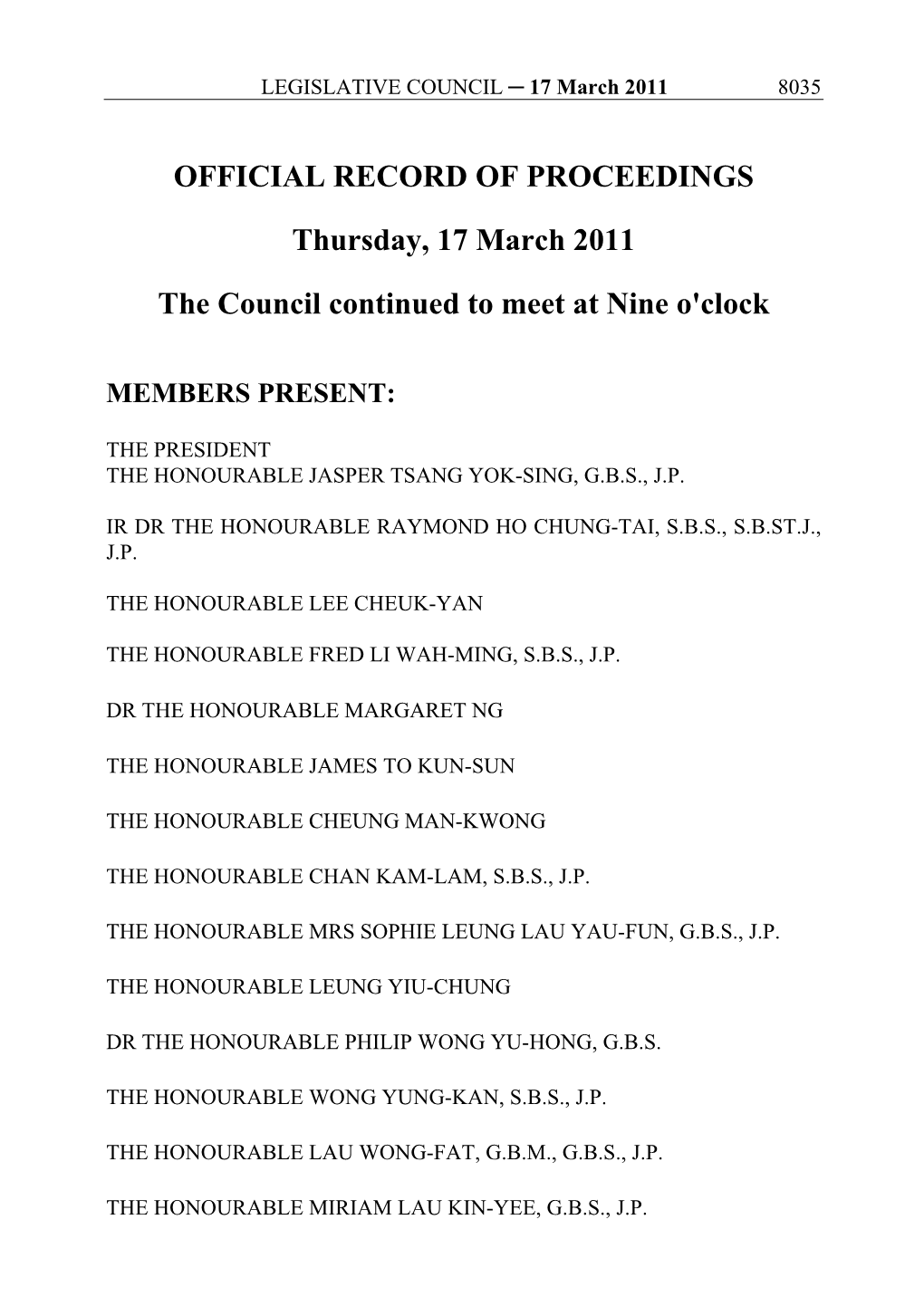 OFFICIAL RECORD of PROCEEDINGS Thursday, 17