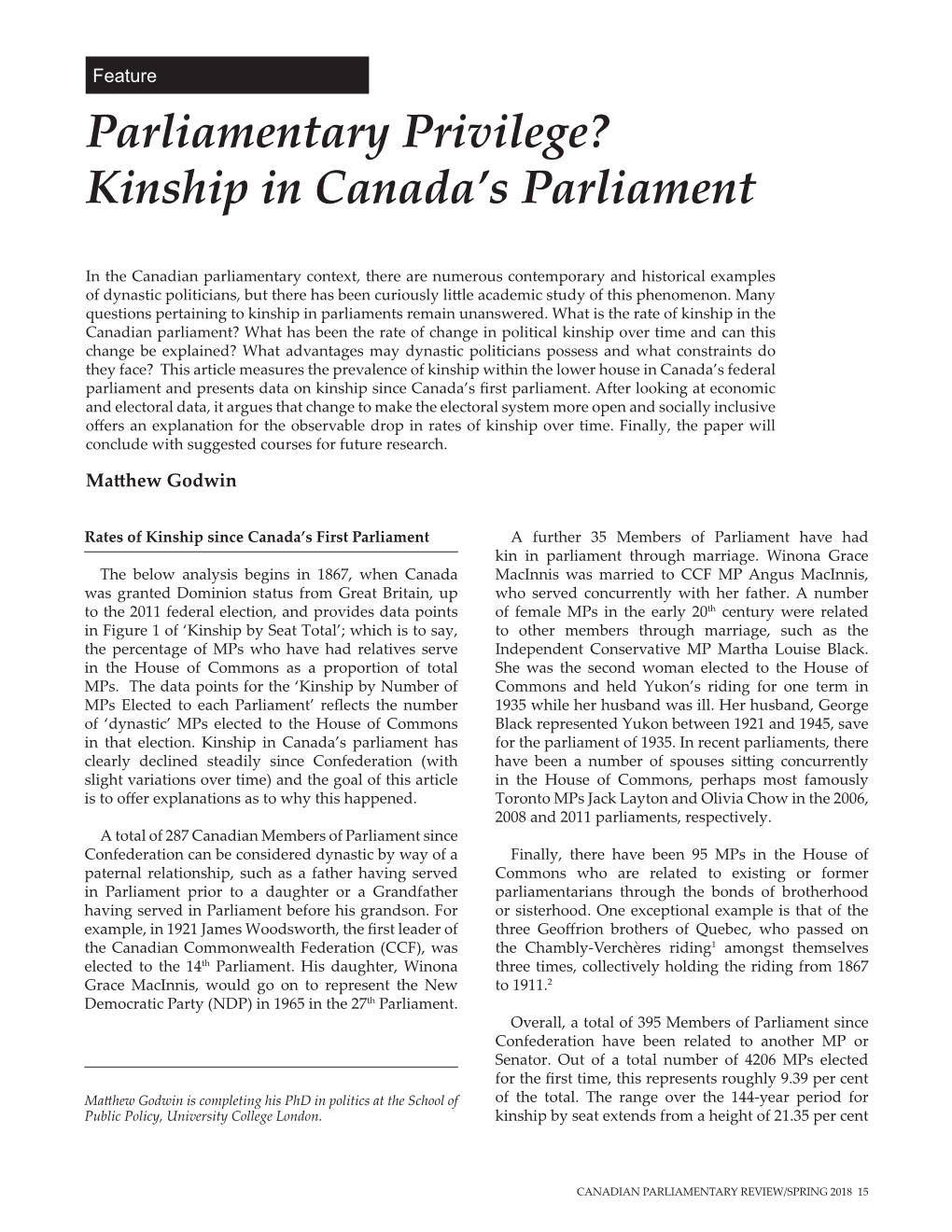 Parliamentary Privilege? Kinship in Canada's Parliament