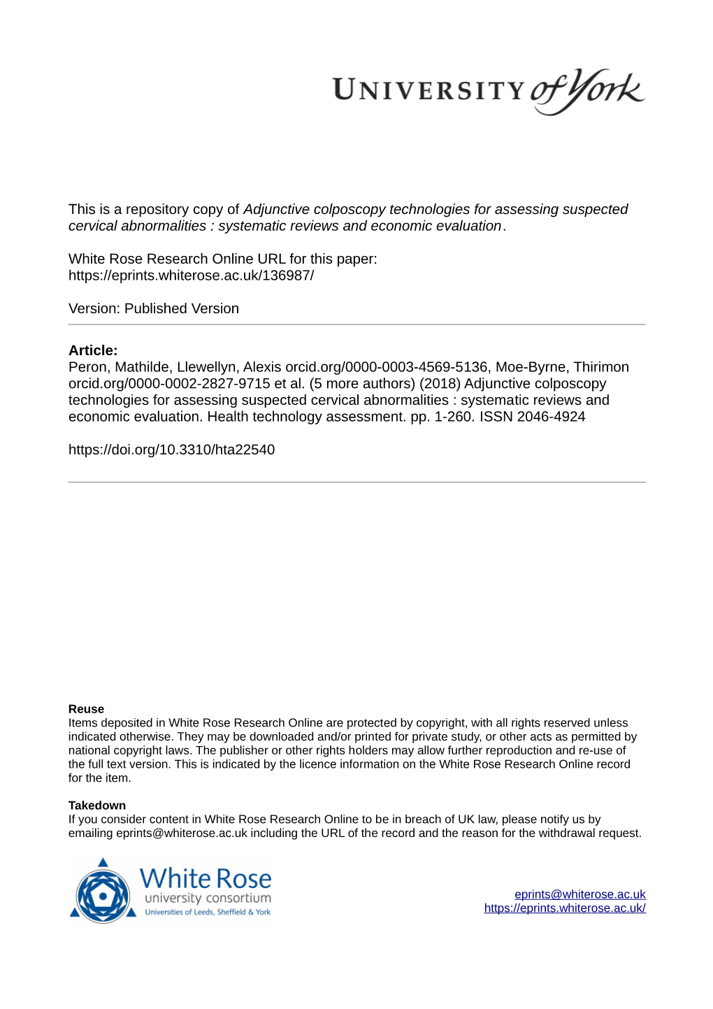 Adjunctive Colposcopy Technologies for Assessing Suspected Cervical Abnormalities : Systematic Reviews and Economic Evaluation