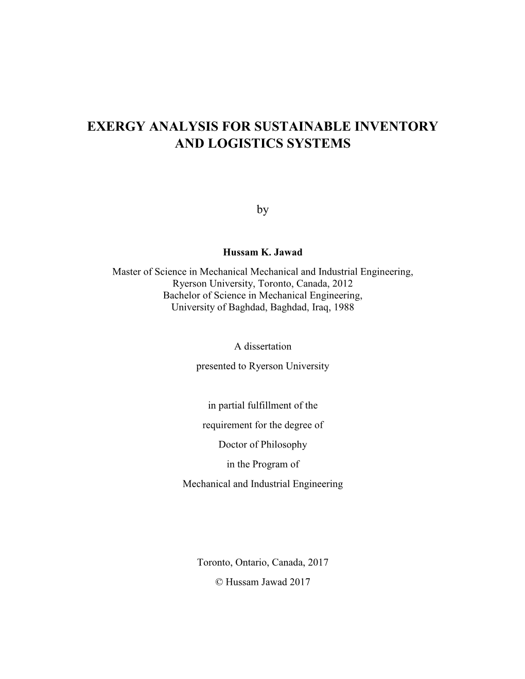 Exergy Analysis for Sustainable Inventory and Logistics Systems