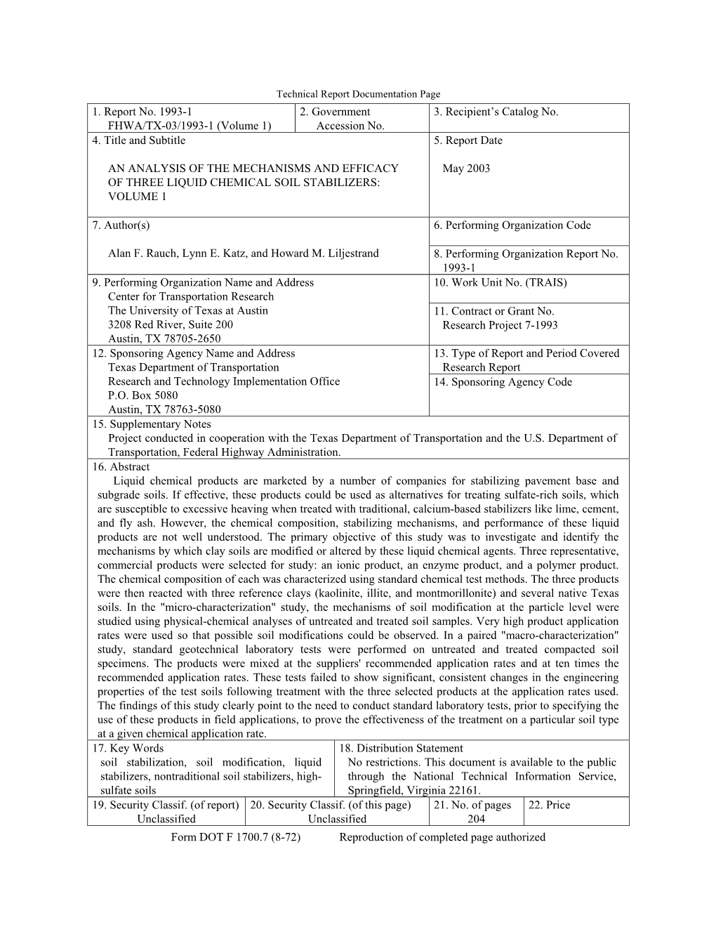 An Analysis of the Mechanisms and Efficacy of Three Liquid Chemical Soil Stabilizers