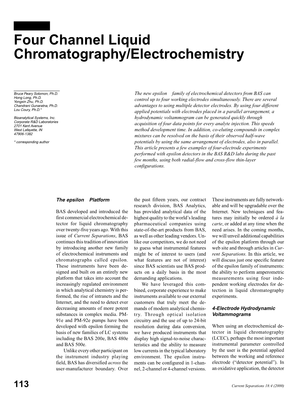 Four Channel Liquid Chromatography/Electrochemistry