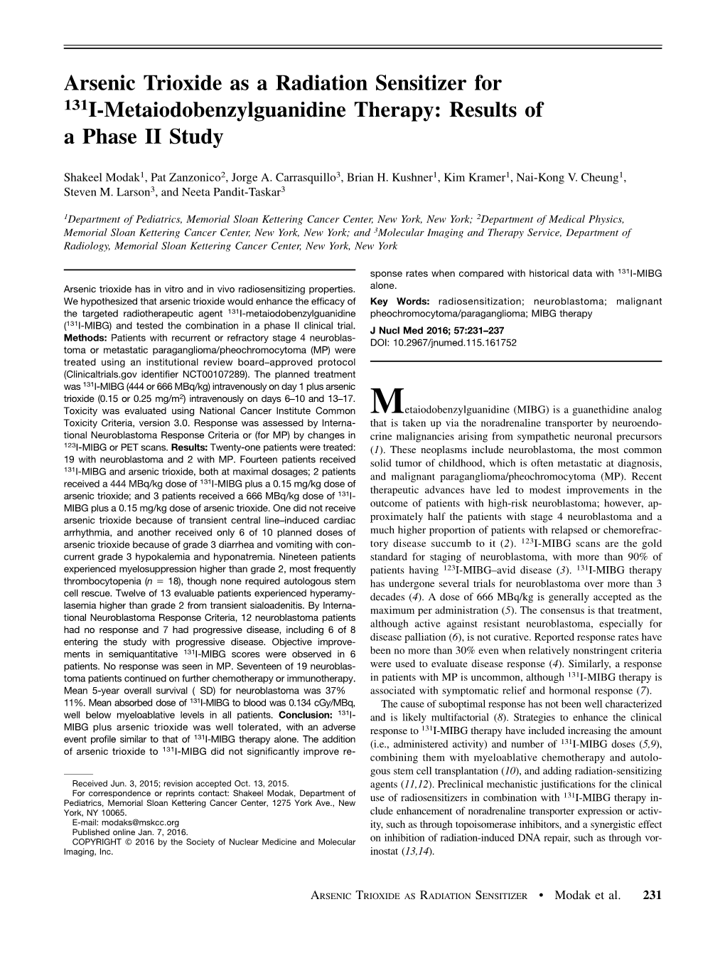 Arsenic Trioxide As a Radiation Sensitizer for 131I-Metaiodobenzylguanidine Therapy: Results of a Phase II Study