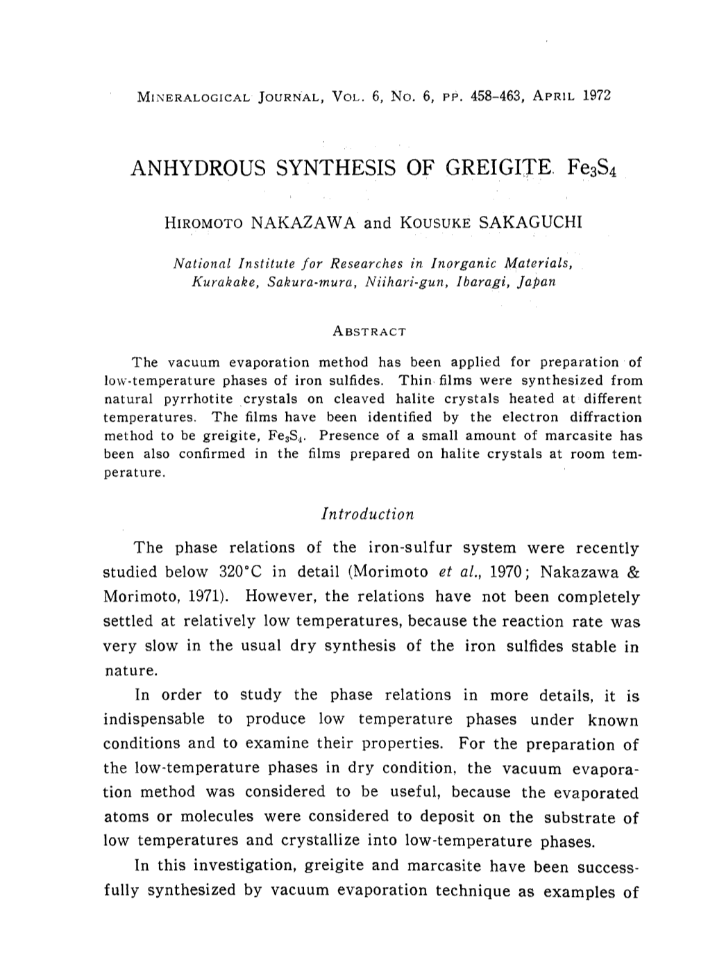 ANHYDROUS SYNTHESIS of GREIGITE. Fe3s4