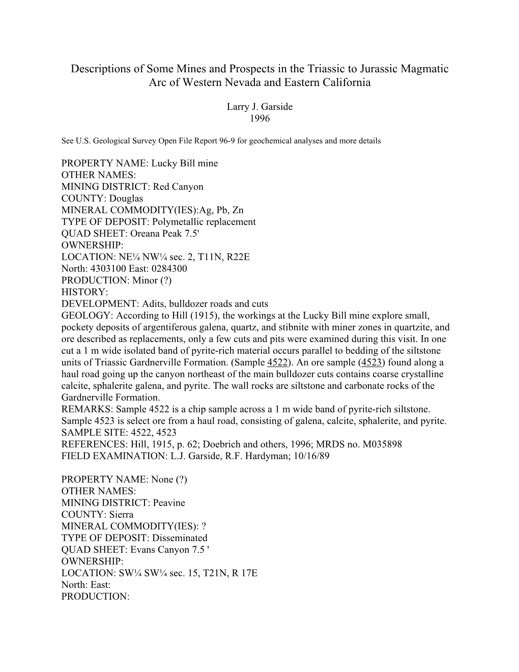 Descriptions of Some Mines and Prospects in the Triassic to Jurassic Magmatic Arc of Western Nevada and Eastern California