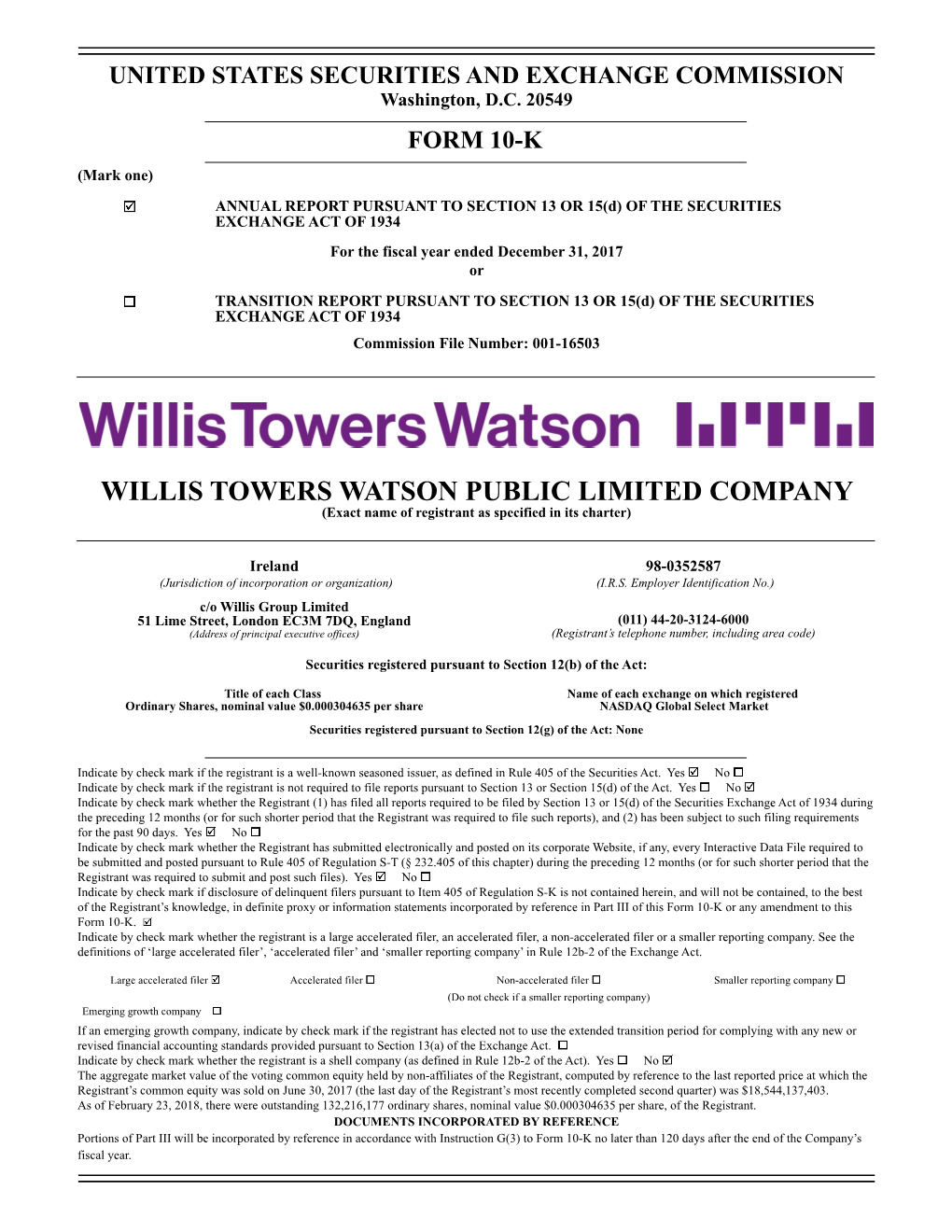 WILLIS TOWERS WATSON PUBLIC LIMITED COMPANY (Exact Name of Registrant As Specified in Its Charter)